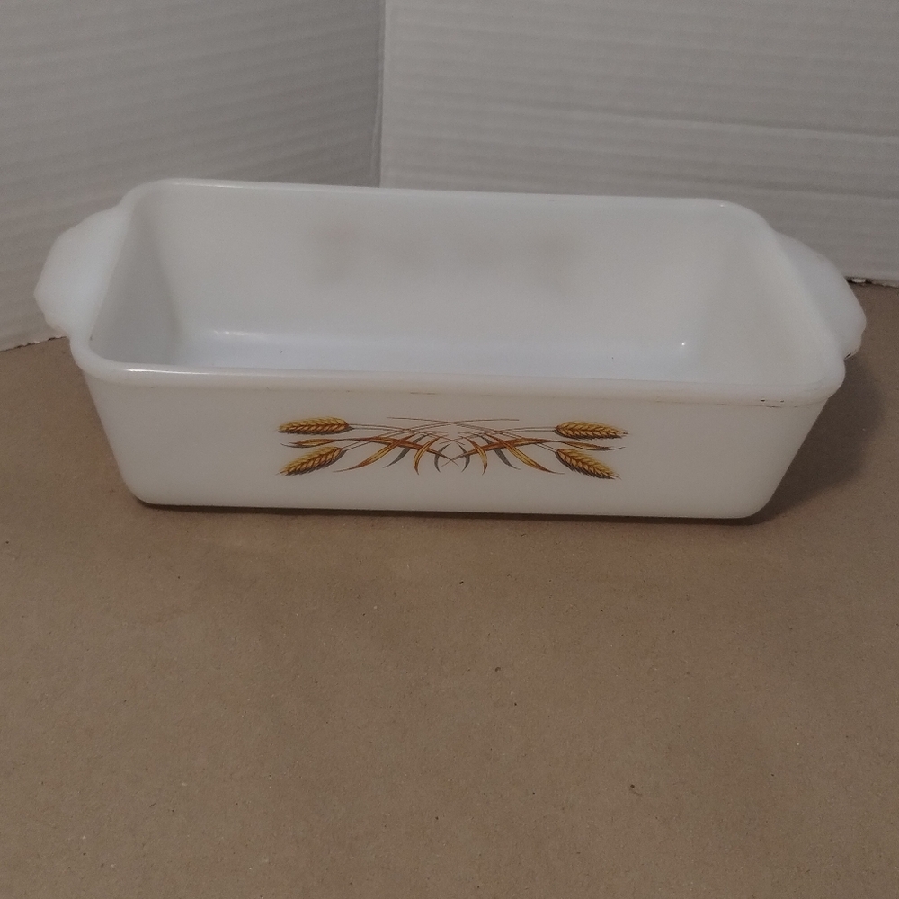 Vintage Fire King Wheat Pattern Milk Glass Loaf Pan Baking Dish